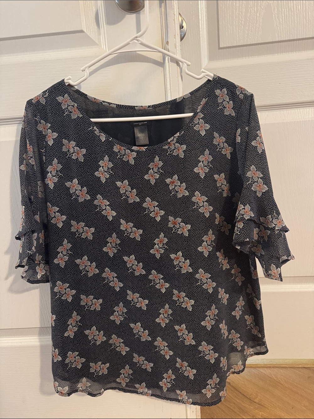 Ann Taylor Factory Navy Floral Ruffle-Sleeve Blouse